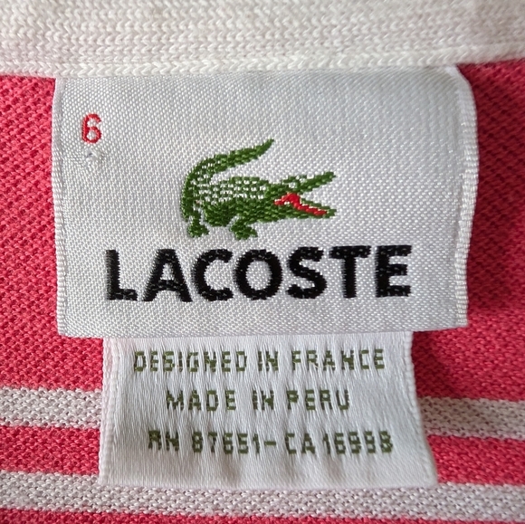 Lacoste Coral and White Striped Polo Shirt 6 - Picture 2 of 5
